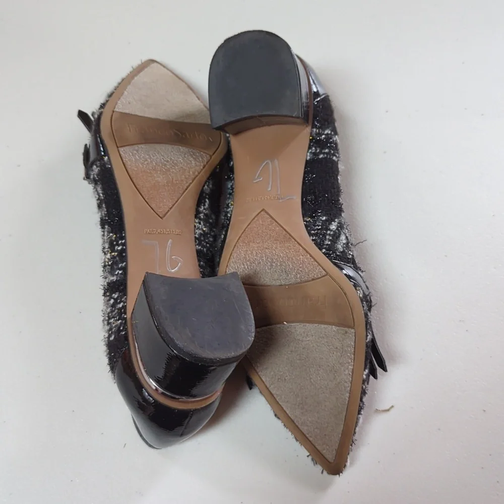 Franco Sarto, Grenoble, black and white Tweed heeled loafer. Size 10
